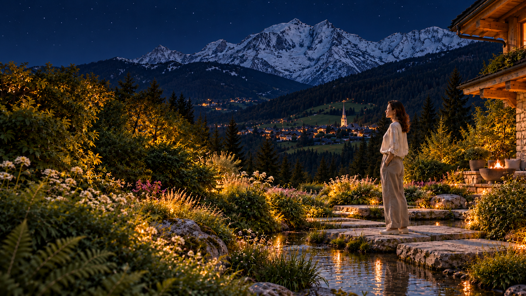 Jardin alpin éclairé à l’heure bleue, femme sur un passage de pierre