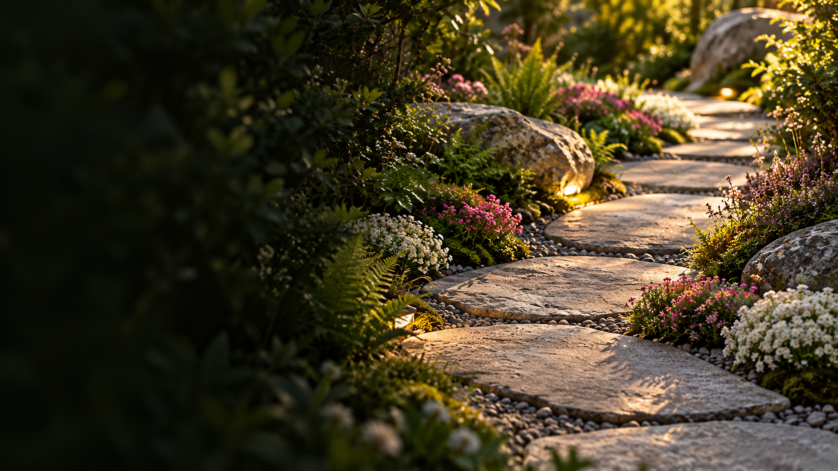 Jardin et chalet dans un paysage alpin
