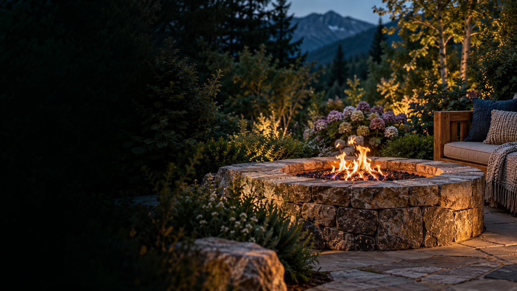 Garden and chalet in an Alpine landscape