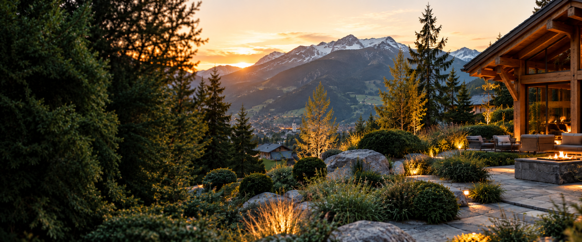 Jardin et chalet dans un paysage alpin