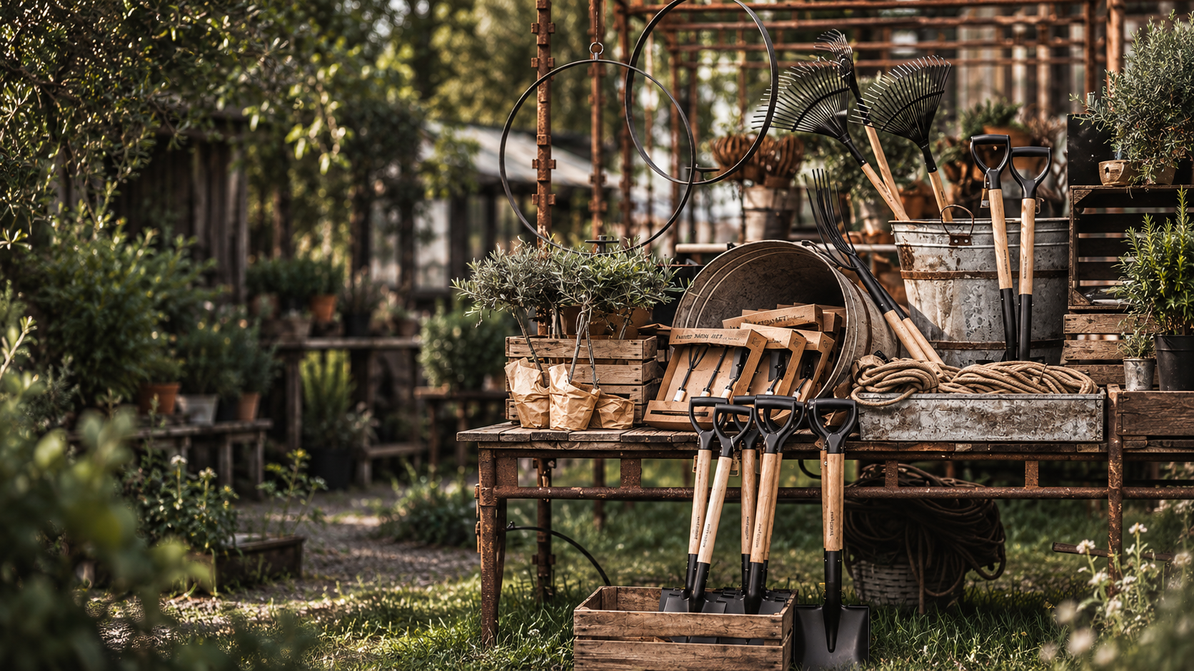 Garden tools in a leafy garden workshop